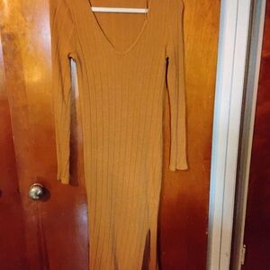 Elegant Tan Ribbed Knit Dress